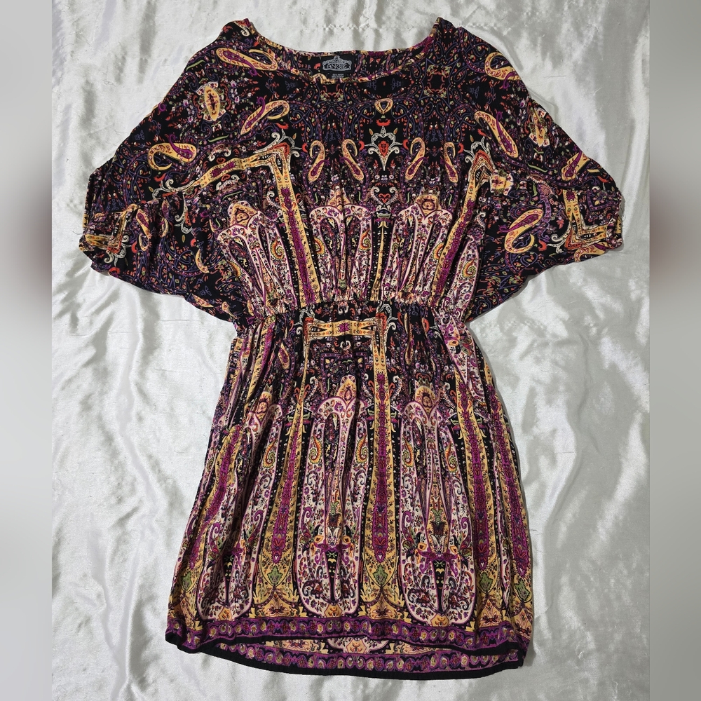 Angie Brown Colorful Dolman Sleeve Elastic Waist Boho Mini Dress